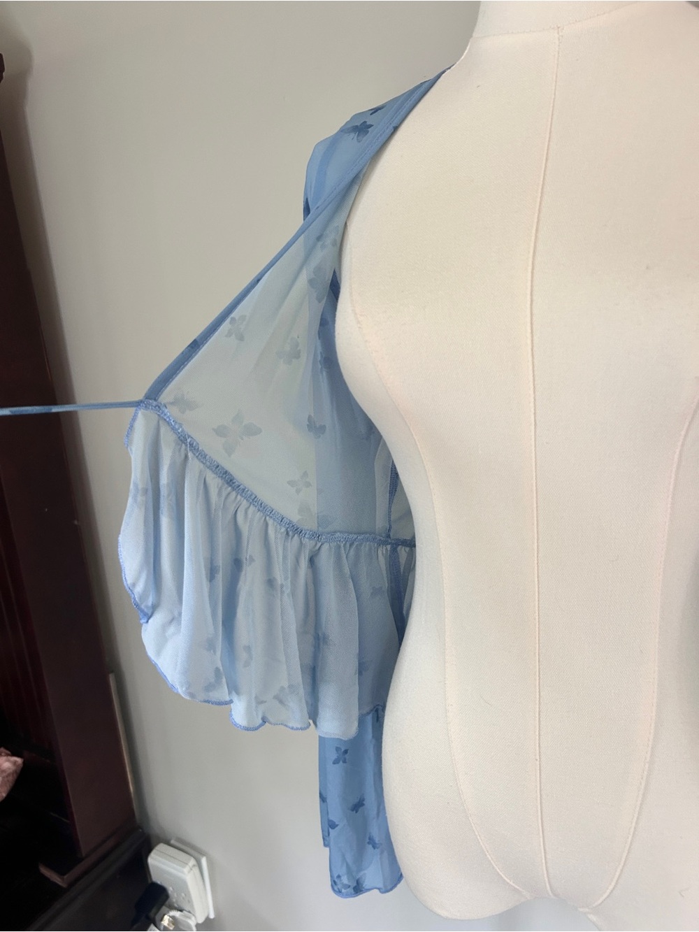 Y2K Babydoll Sheer Mesh Butterfly Bell Sleeve Ruffle Tie Top Fairy Coquette | XL - Picture 9 of 12